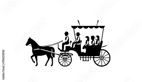 Tourist horse drawn carriage with passengers flat vector illustration classic travel transport isolated on white background