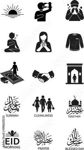Islamic vector icons illustrating diverse Muslim life, religious practices, and cultural concepts. This comprehensive black and white graphic set features essential illustrations depicting prayer, cle