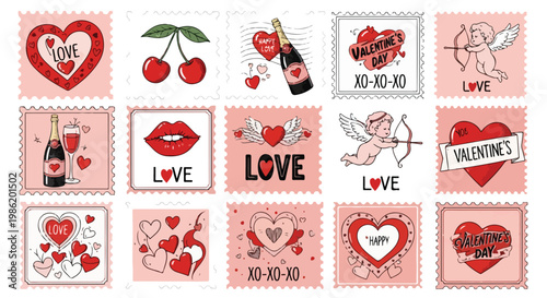 Valentine's Day stickers, cute love icons, pink heart shapes, romantic valentine set