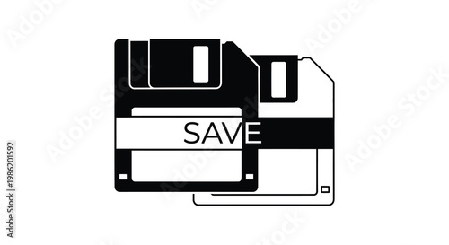 A black silhouette of a vintage floppy disk with the word save displayed across the front silhouette high quality professional detailed
