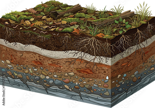 Cross-section illustration of soil layers with roots and organic matter, demonstrating soil structure and composition