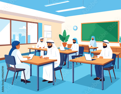 Arab Students and Professionals Working on Laptops in Modern Classroom Illustration.
