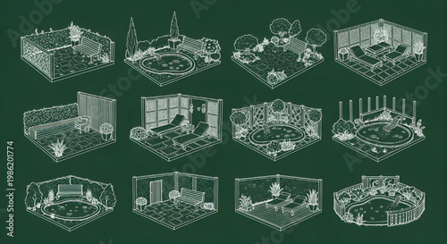 Small Relaxation Area Blueprint Icon Set – AutoCAD Lounge Bed Chair Pond Water Landscape Multi View Technical Drawing White Outline on Dark Green Background