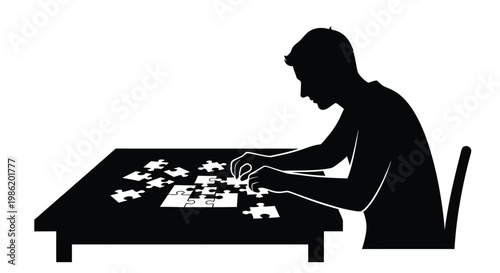 Man thoughtfully assembling a puzzle at a table black silhouette