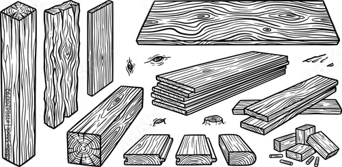 Collection of different types of wooden planks and beams, illustrated in a graphic style