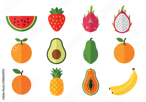 Flat style vector illustration of a clean fruit icon grid displaying avocado, orange, pineapple, watermelon, strawberry, dragon fruit, papaya, and banana in minimal layout