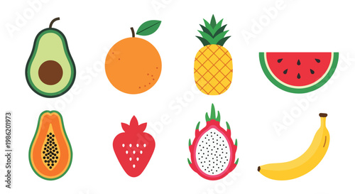 Flat style vector illustration of a clean fruit icon grid displaying avocado, orange, pineapple, watermelon, strawberry, dragon fruit, papaya, and banana in minimal layout