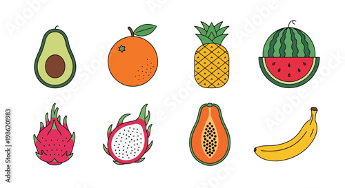 Flat style vector illustration of a clean fruit icon grid displaying avocado, orange, pineapple, watermelon, strawberry, dragon fruit, papaya, and banana in minimal layout