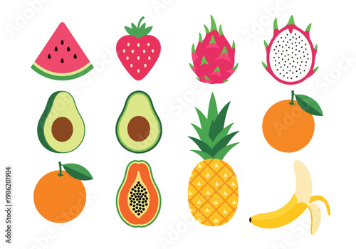 Flat style vector illustration of a clean fruit icon grid displaying avocado, orange, pineapple, watermelon, strawberry, dragon fruit, papaya, and banana in minimal layout