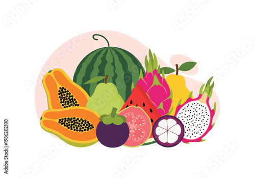Bild auf Leinwand Flat style vector illustration of exotic fruit assortment including dragon fruit