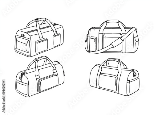 Four different styles of duffel bag illustrations in line art design