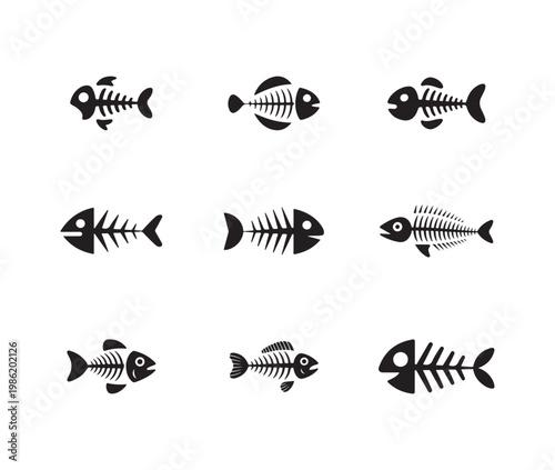 Set of nine black fish skeletons isolated on a white background design element for seafood restaurant