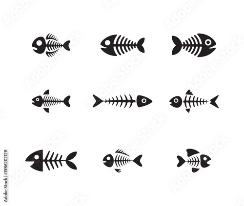 Set of nine black fish skeletons isolated on a white background design element for seafood restaurant