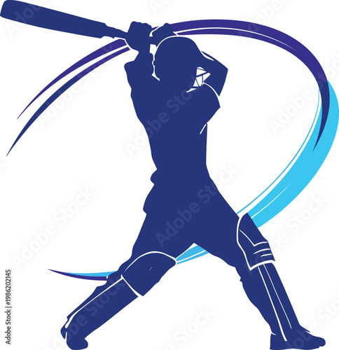 Dynamic silhouette of a cricketer swinging a bat with vibrant motion trails