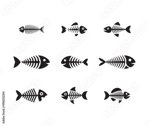 Set of nine black fish skeletons isolated on a white background design element for seafood restaurant
