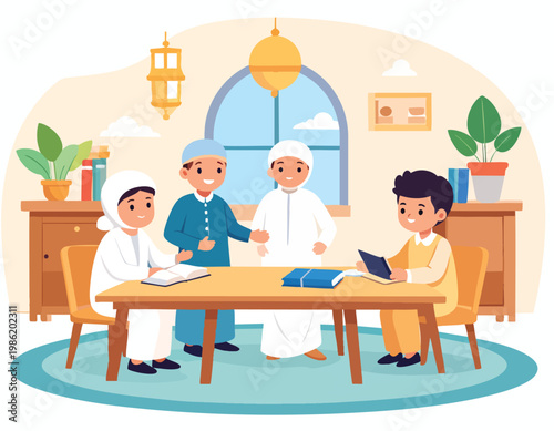 Muslim Children Studying Together and Reading Books in a Room Illustration.
