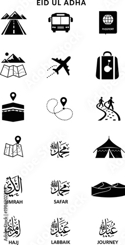 Eid Ul Adha Hajj Umrah pilgrimage vector icon set. This graphic design illustration features essential travel symbols like bus, airplane, road, map, passport, and luggage. It also includes key Islamic