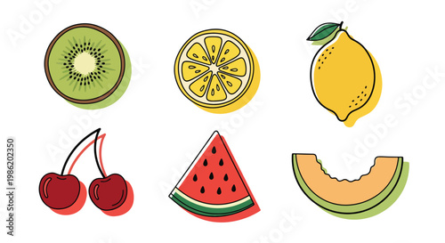 Flat style vector illustration of minimal fruit slices including kiwi, lemon, watermelon, and melon arranged in simple geometric layout with soft shadow accents