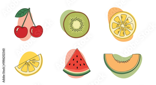 Flat style vector illustration of minimal fruit slices including kiwi, lemon, watermelon, and melon arranged in simple geometric layout with soft shadow accents