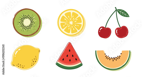 Flat style vector illustration of minimal fruit slices including kiwi, lemon, watermelon, and melon arranged in simple geometric layout with soft shadow accents