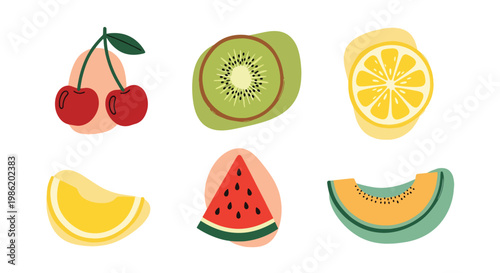 Flat style vector illustration of minimal fruit slices including kiwi, lemon, watermelon, and melon arranged in simple geometric layout with soft shadow accents