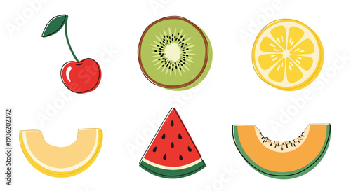 Flat style vector illustration of minimal fruit slices including kiwi, lemon, watermelon, and melon arranged in simple geometric layout with soft shadow accents