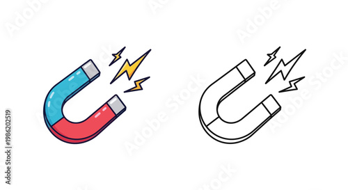 Colorful and outlined horseshoe magnet illustrations with lightning silhouette