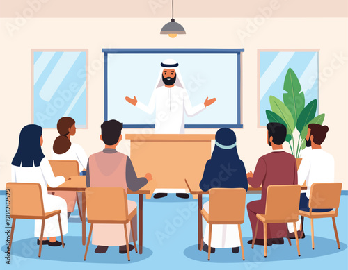Arab businessman giving a lecture to a diverse group in a classroom.