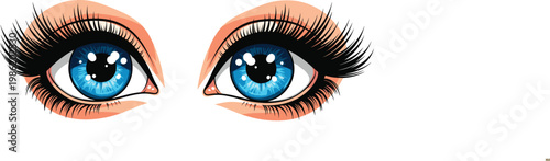 Beautiful blue eyes vector illustration with long black eyelashes, detailed iris, and glamorous feminine makeup design on white background