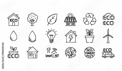 Minimal eco house outline icons collection with tree renewable energy and green living symbols