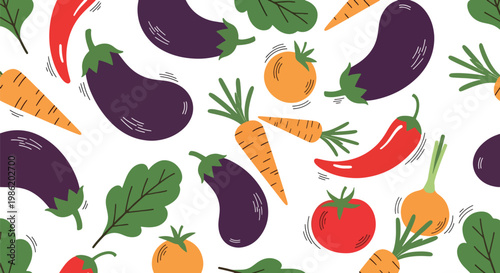 Flat style vector illustration of seamless vegetable pattern featuring eggplant, tomato, carrot, chili, and leafy greens repeated across clean background for textile design