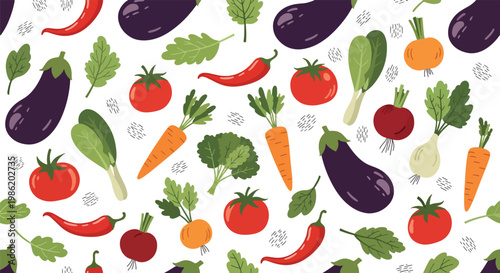 Flat style vector illustration of seamless vegetable pattern featuring eggplant, tomato, carrot, chili, and leafy greens repeated across clean background for textile design