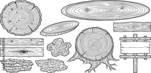 Collection of various wooden elements, including tree rings, wood grain textures, lumber, and a rustic signpost, rendered in a detailed line art illustration style