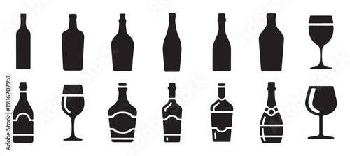 Set of different beverage and liquor bottle silhouettes with liquid levels. vector illustration eps 10.