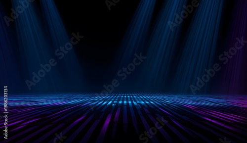Abstract dark stage with horizontal blue and purple neon light stripes on floor, illuminated by vertical spotlights, futuristic cybernetic background, digital art and technology concept visualization