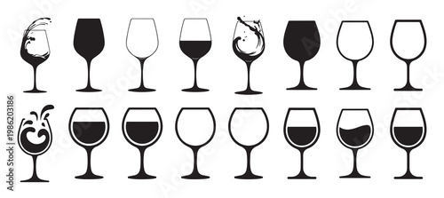 Collection of wine glass silhouettes with liquid and pouring effects. vector illustration eps 10.