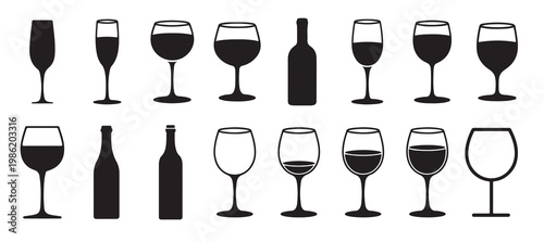 Wine bottle and various types of wine glass vector silhouettes for menu design. vector illustration eps 10.