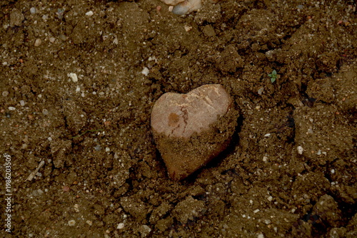 Piedra con forma de corazón sobre tierra marrón, imagen simbólica de naturaleza, amor y sencillez.