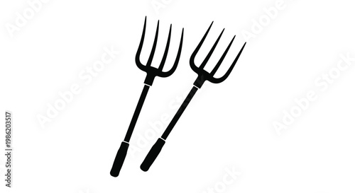 Two black garden forks shown in a stark graphic silhouette