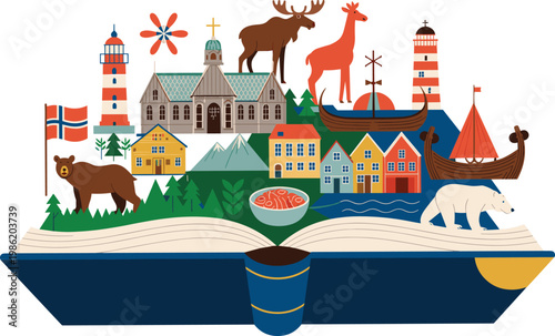 Norway travel and culture concept with landmarks wildlife and nature elements popping out of an open book including viking ships and fjords vector