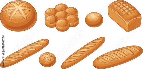 Assorted Bread Vector Collection Featuring Baguettes, Loaves, Rolls, and Artisan Round Designs with Decorative Crust Patterns