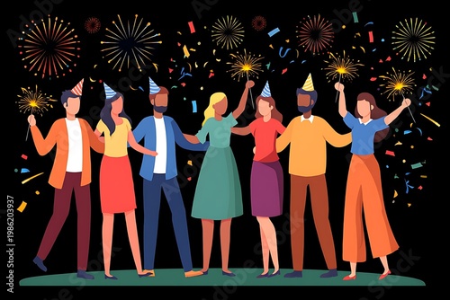 A Diverse Group of Friends Celebrating and Enjoying a Festive Occasion with Sparklers and Fireworks in the Night Sky