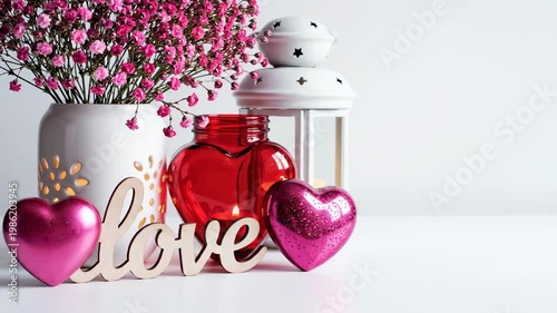Romantic Valentine's Day Still Life with Red Heart Jar and Pink Flowers for Holiday Marketing.