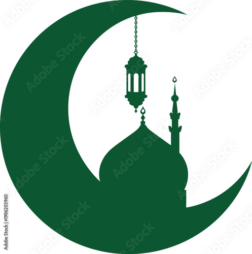 Silhouette of mosque and lantern under crescent moon, Islamic culture illustration