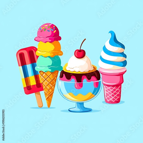 A delightful assortment of vibrant ice cream treats and frozen desserts, perfect for a refreshing summer day or a joyful celebration, bringing sweet indulgence and colorful fun to any occasion