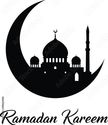 Silhouette of mosque with crescent moon and Ramadan Kareem text