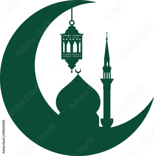 Silhouette of mosque and lantern under crescent moon in Islamic culture