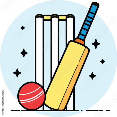Vibrant cartoon illustration of cricket bat, ball, and stumps with stars