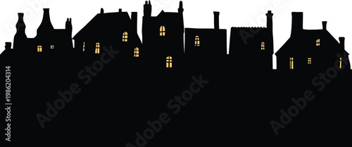 Silhouette of quaint village houses with glowing windows at night evoking warmth