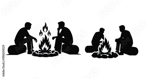 People gathered around a campfire depicted in black silhouette